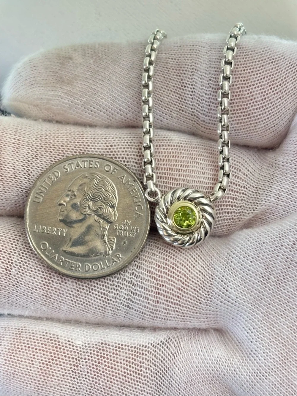 David Yurman 925 & 14k Gold Cookie Cable Necklace with Peridot 16